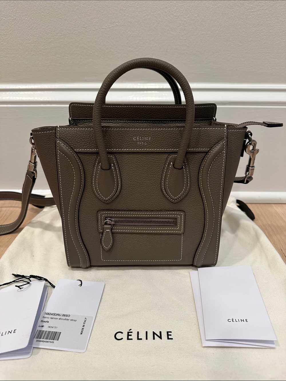 LIKE NEW - CÉLINE Nano Luggage Tote Souris Drummed Calfskin Crossbody Strap